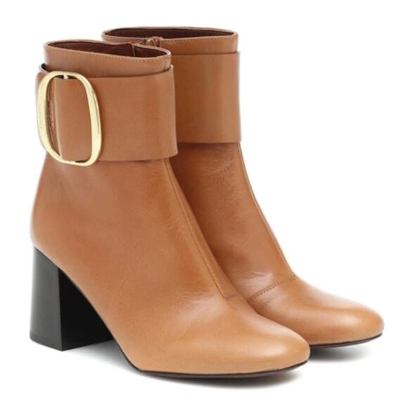 SEE BY CHLOE Hopper Leather Buckle Boots Block Heel Tan Brown Camel - Picture 2 of 9